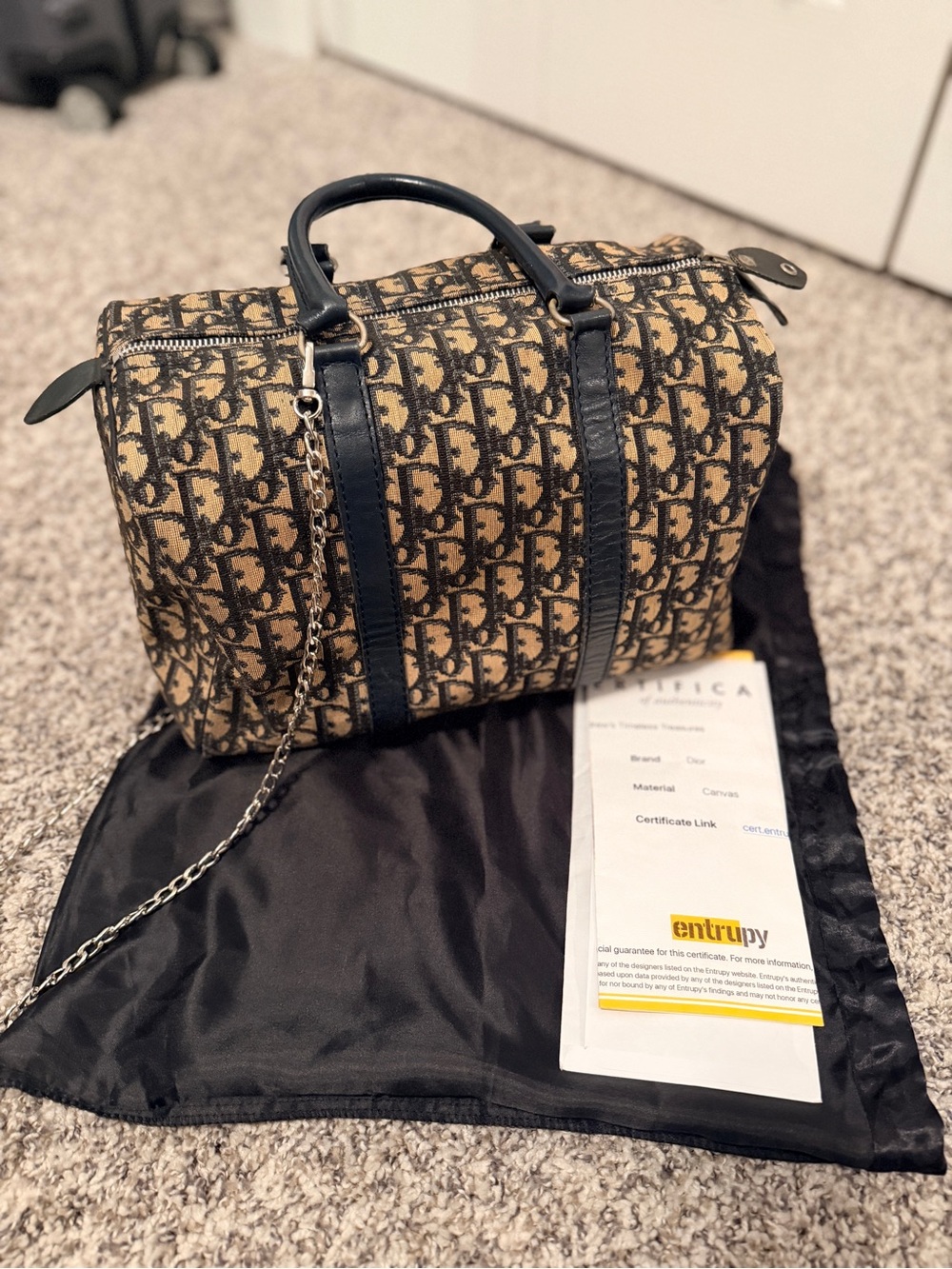 Auth DIOR Monogram Canvas Satchel with COA, unbranded chain & unbranded dustbag